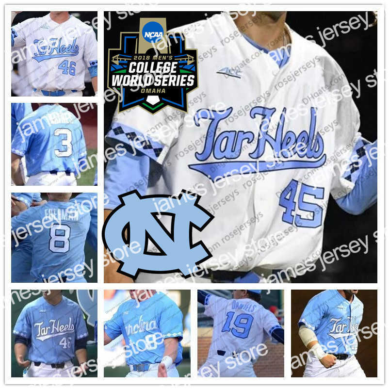 

College Baseball Wears UNC North Carolina Tar Heels #1 Danny Serretti 5 Ashton McGee 8 Ike Freeman 26 Jackson Hesterlee 2019 CWS Baseball White Blue Jerseys, White with 2018 cws patch