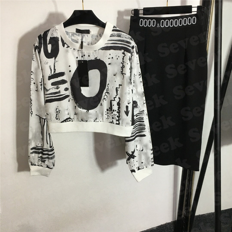 

Graffiti Letter Print Pullover Dress Two Piece For Women Fashion Short Style Hiphop T Shirts Lady High Waist Skirts Suits, Black