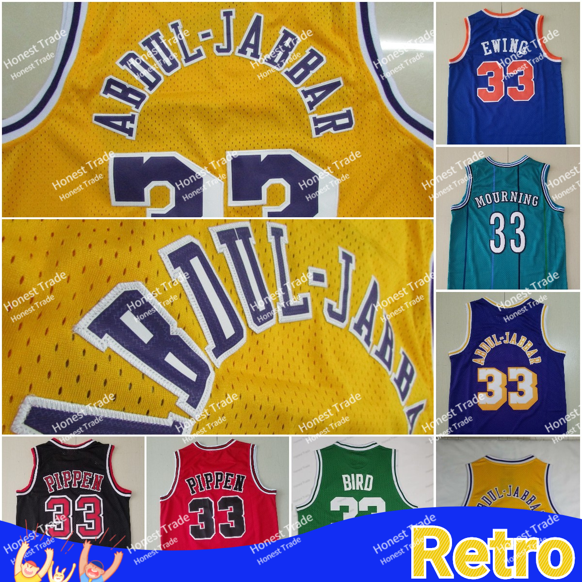 

Patrick 33 Alonzo Mourning Basketball Jersey Ewing Larry 33 Bird Kareem Patrick Pippen Abdul-Jabbar Yellow Blue White Mens Throwback Stitched Retro Jerseys, Men jersey