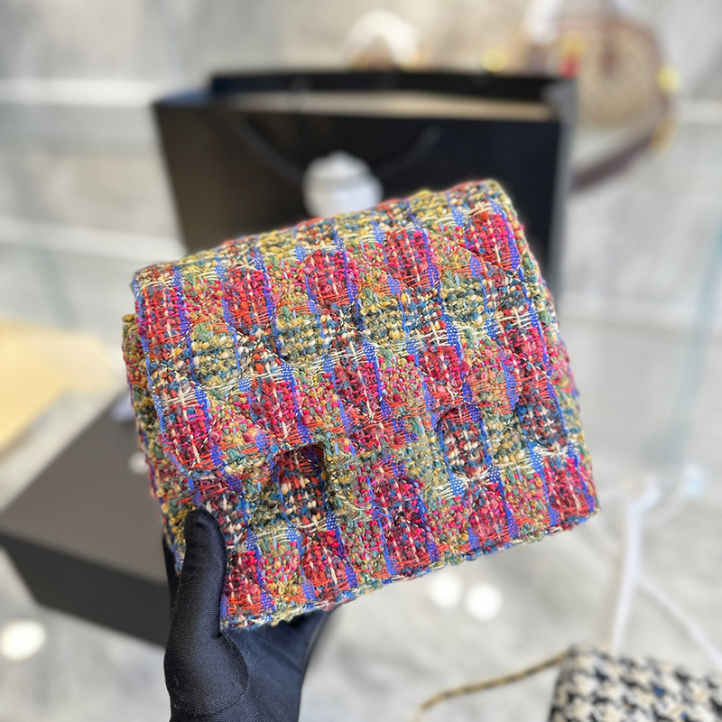 

Womens Houndstooth Check Tweed Mini Sqaure Quilted Bags Classic Mood Flap Purse Gold Metal Hardware Matelasse Chain Turn Lock Outdoor Sacoche Handbags 18X14CM, Box