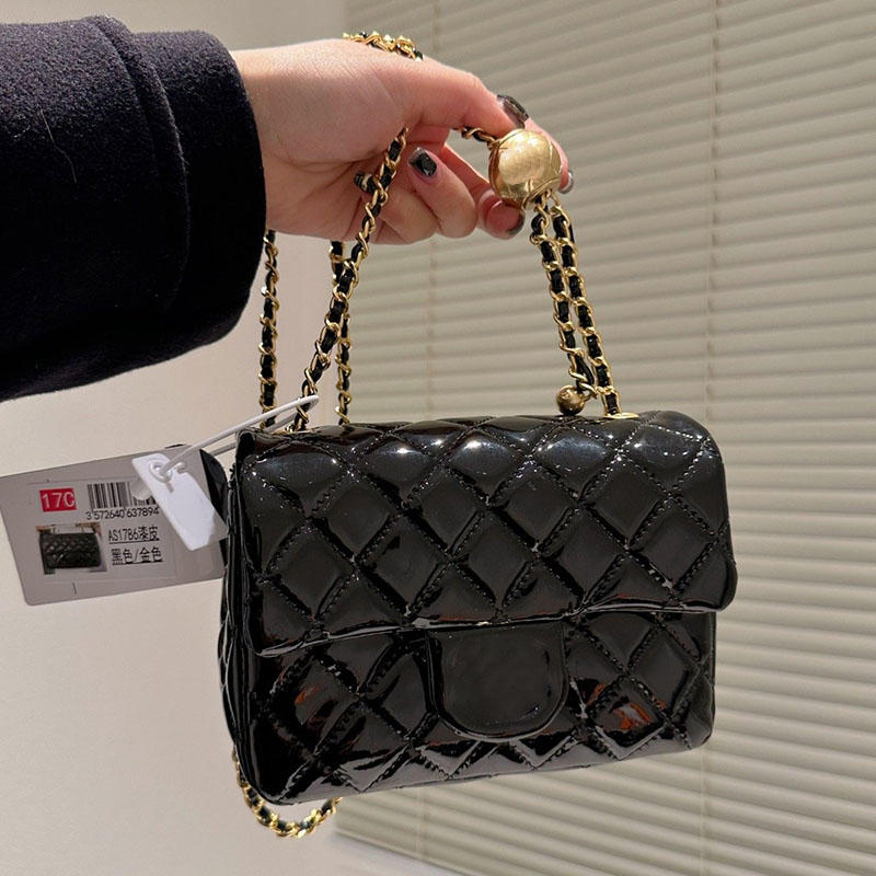 

CC Bags Luxury Brand Cross Body Mini Golden Ball Women Crossbody Bag Adjustable Chain Patent Leather Matelasse Classic Flap Shoulder Bag Han, Black