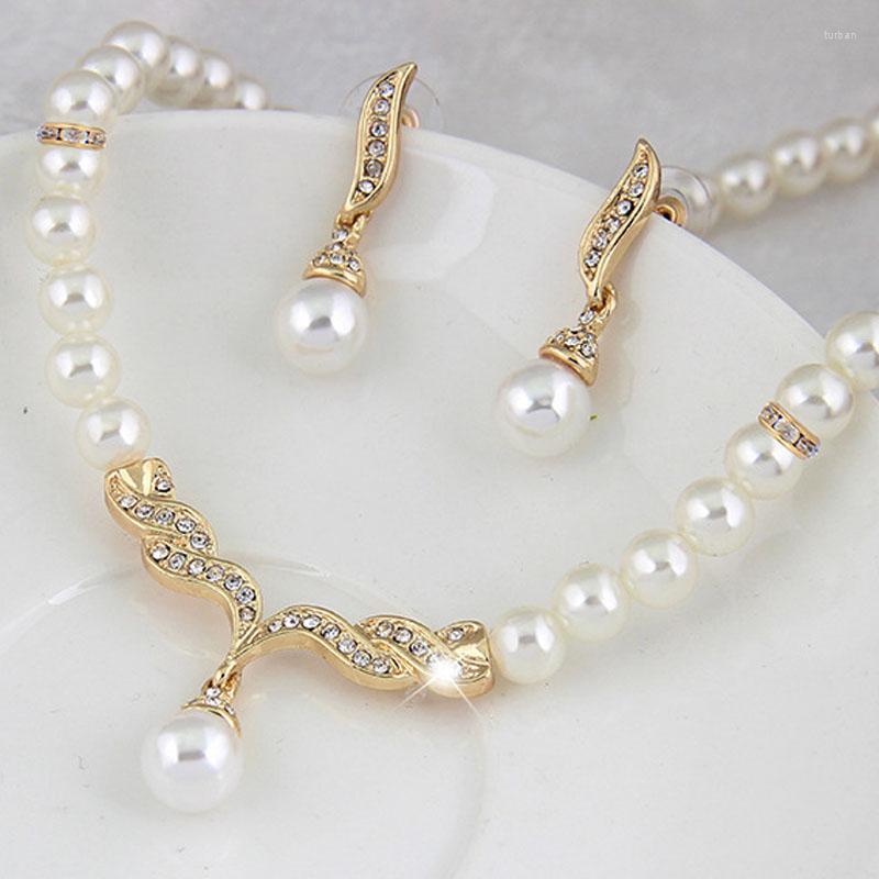 

Necklace Earrings Set KUNIU Creative Gold Color 1Pair Wedding Bridal Pearl Rhinestone Jewelry Lady Female Jewellery For Women, Picture shown