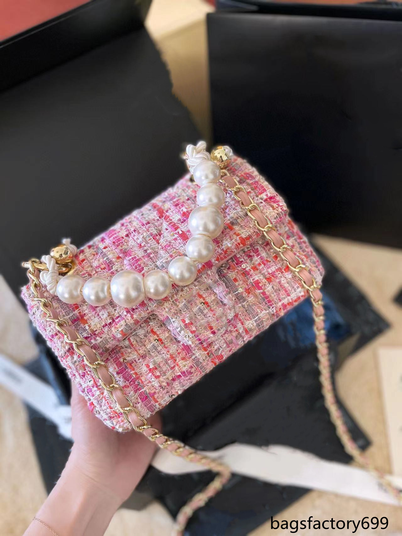 2022 Sac pour femmes laine tweed bicolore diamant quilting tiss← dor← mat←riel classique franais crossbody sacoche designers plus de poche perle