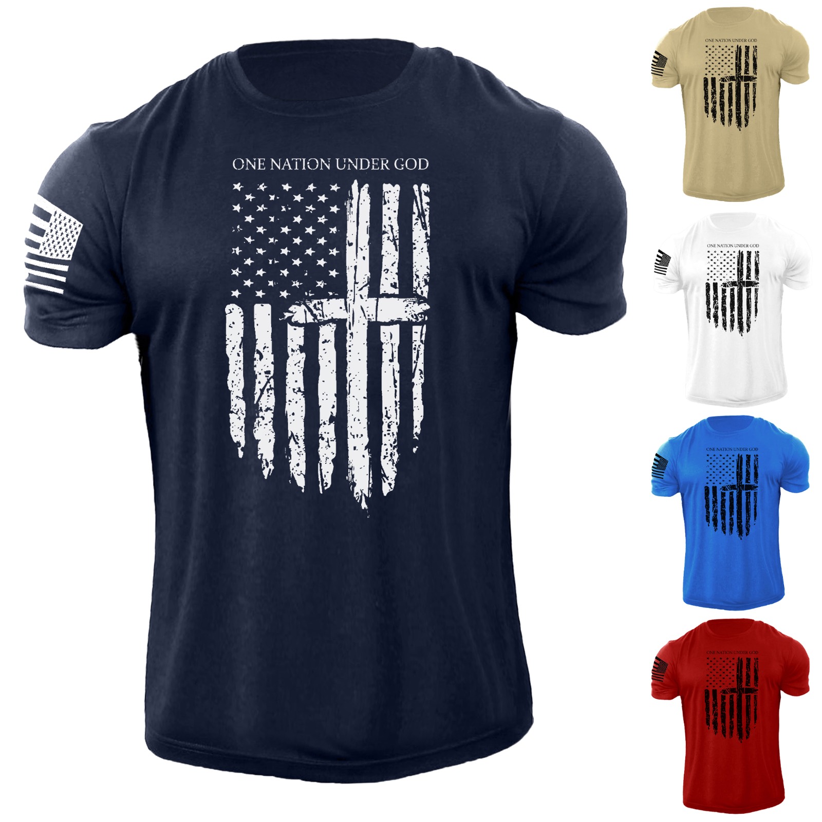 

Men's One Nation Under God USA Flag T Shirt American Patriotic 100% Cotton, Blue