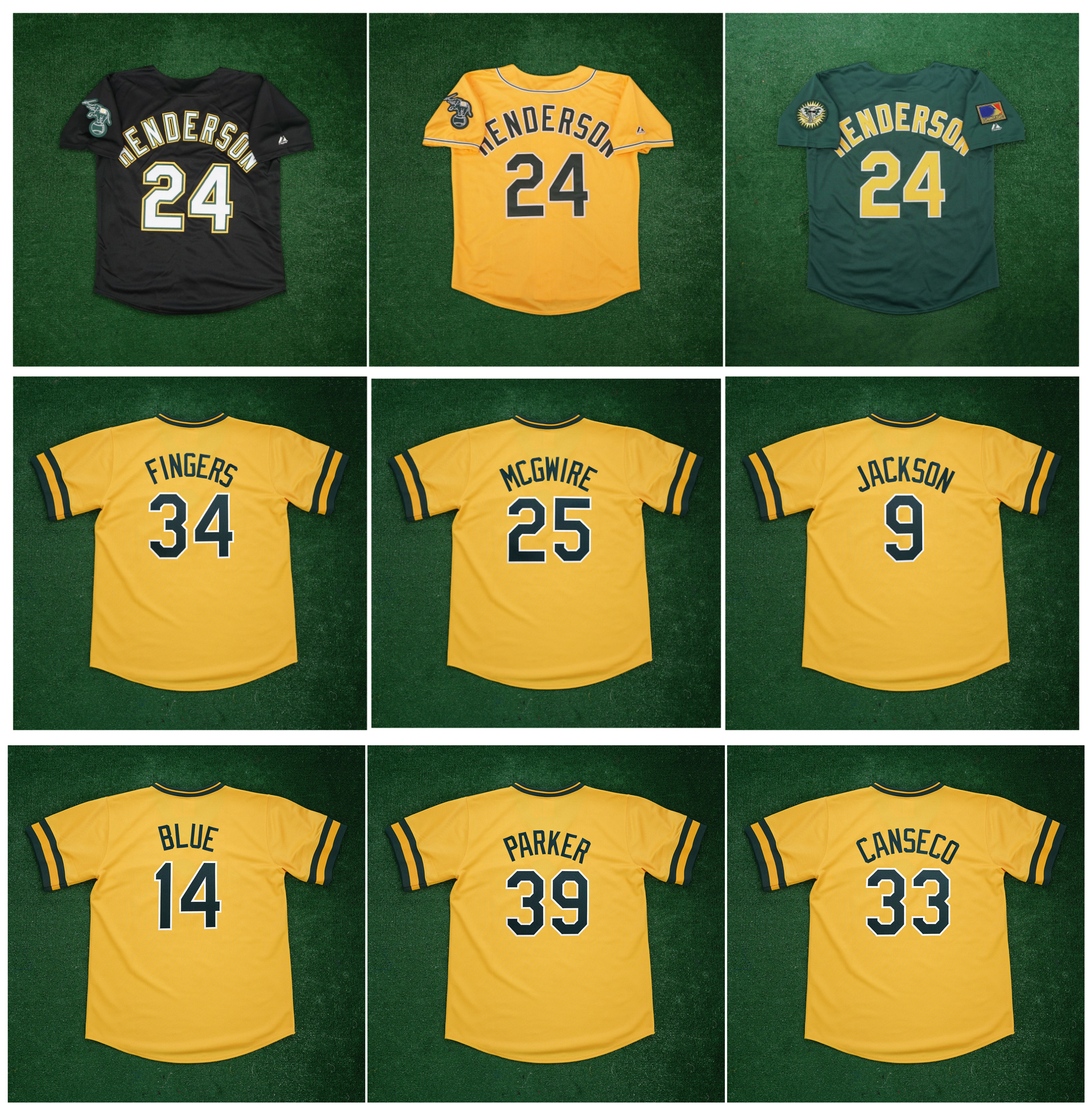 

1994 Throwback Rickey Henderson Oakland Baseball Jersey Athletics Rollie Fingers Mark 25 McGwire Reggie Jackson Vida Blue Jason Giambi Dave Kingman Dave Parker, As pic
