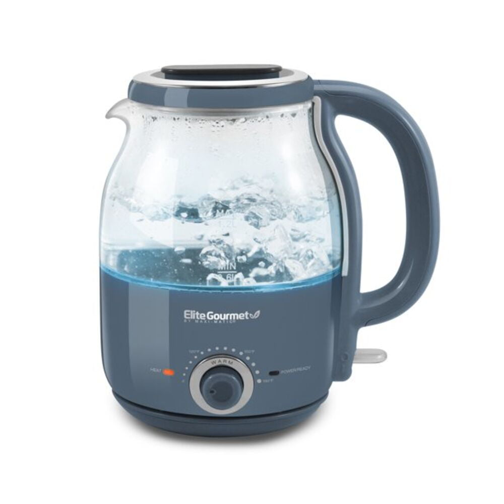 

Elite Gourmet 1.2L Adjustable Temperature Electric Glass Kettle Slate Blue Pot