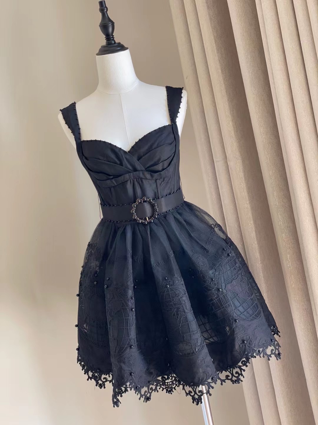 

Casual Dresses Australian designer designed silk linen mesh embroidered suspender dress in spring and summer 2023 black