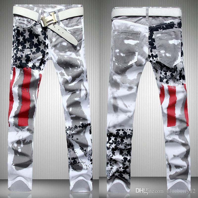 

Printed designer Slim Fit Stretch Trousers mens jeans American Flag Stars Straight Pants