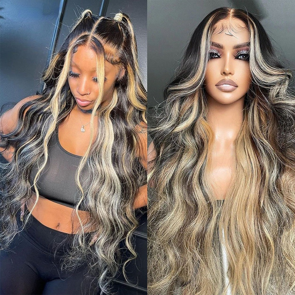 

Ash Blonde Highlights 13x4 Lace Front Human Hair Wig for Women Black Roots Ombre Body Wave Synthetic Wig Pre Plucked, Lace front wig