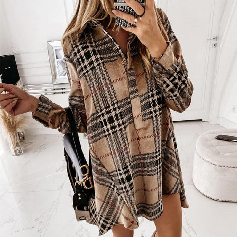 

designer dewoman dress shirt casual elegant plaid office lady turn-down collar shirts loose mini vestido print buttons irregular party dresses, As picture