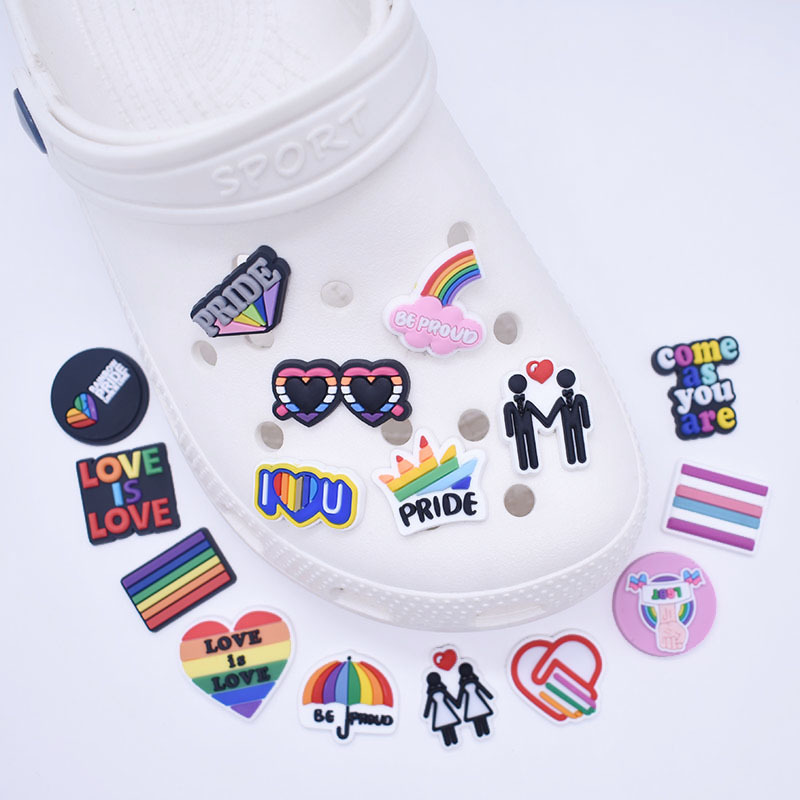 

Anime charms wholesale childhood memories rainbow LGBT funny gift cartoon charms shoe accessories pvc decoration buckle soft rubber clog charms fast ship, Equally mixed colors