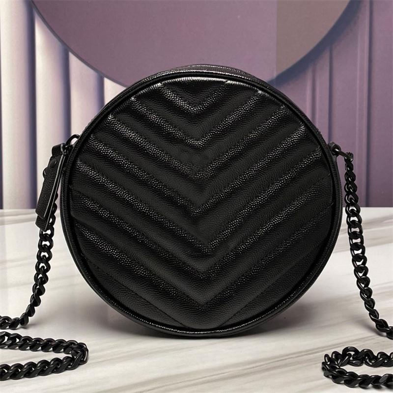 

2023 Luxury round camera bag quilted grain embossed leather designer chain shoulder strap handbag women, 2 biack chain