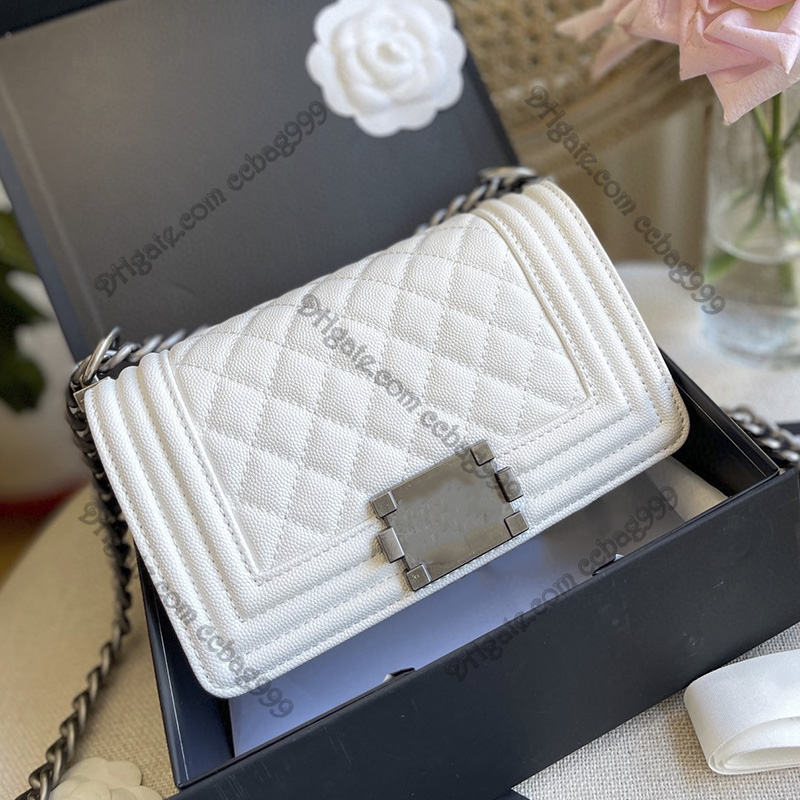 

20cm Luxury Flap Mini Boy Quilted Bags Lambskin Silver Hardware Designer Crossbody Shoulder Tote Vintage Coin Purses with Chain Luxury Handbags Card Holders Wallet, Black