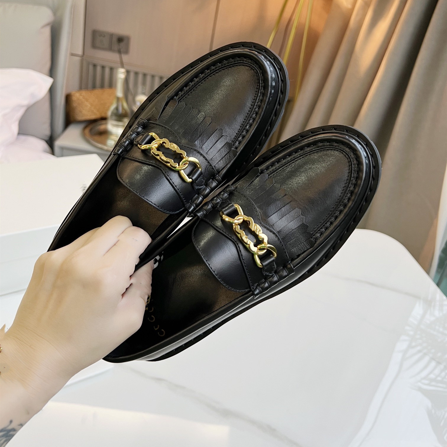 

Women margaret dress shoe casual flats Margaret loafer with triomphe polished bull black genuine leather platform Genuine-Leather slip on Fashion outdoor