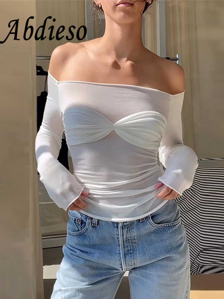 

Women' T-Shirt Abdieso Y2K Ruched Sexy White Long Sleeve T Shirts Women Crop Top Streetwear 2022 Off Shoulder Black Autumn Skinny Basic Tees T230104, Mini white