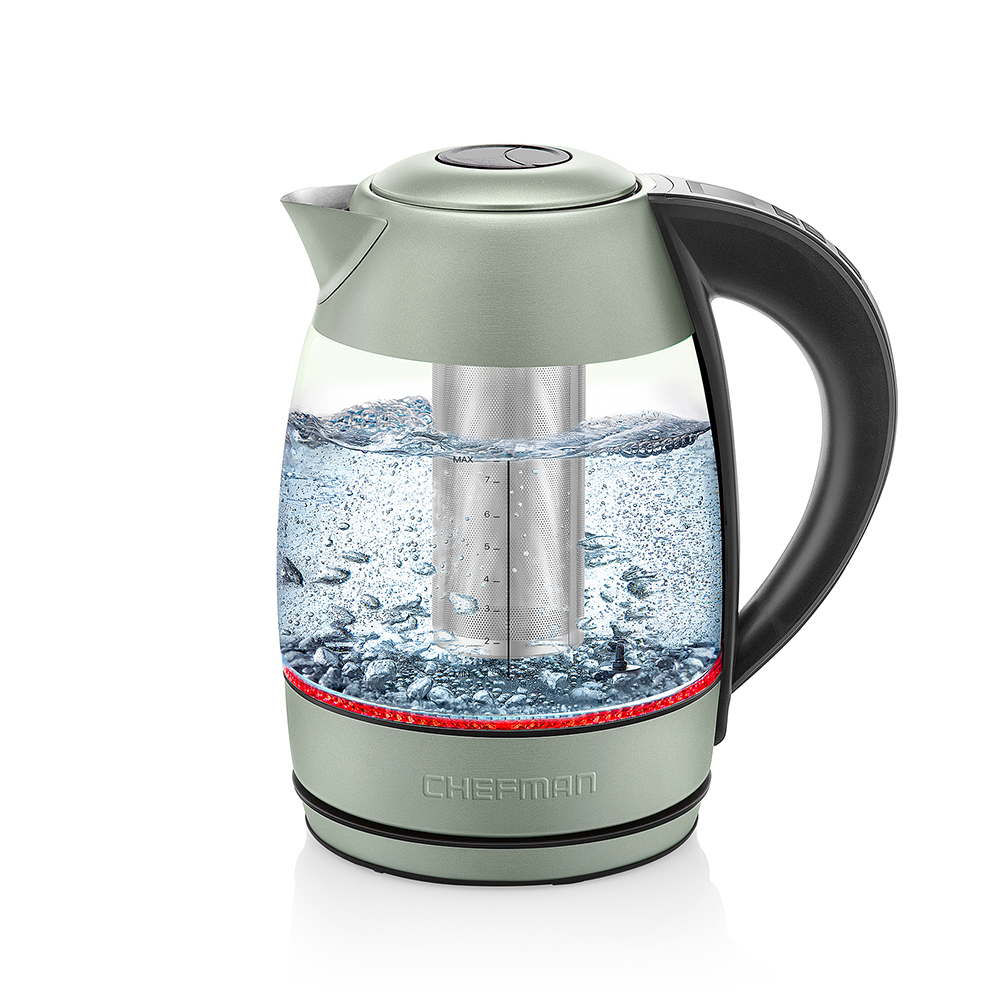 

Chefman 1.8L Digital Electric Glass Kettle 1500W Rapid Boiling & 7 Presets Stainless Steel Green Pots