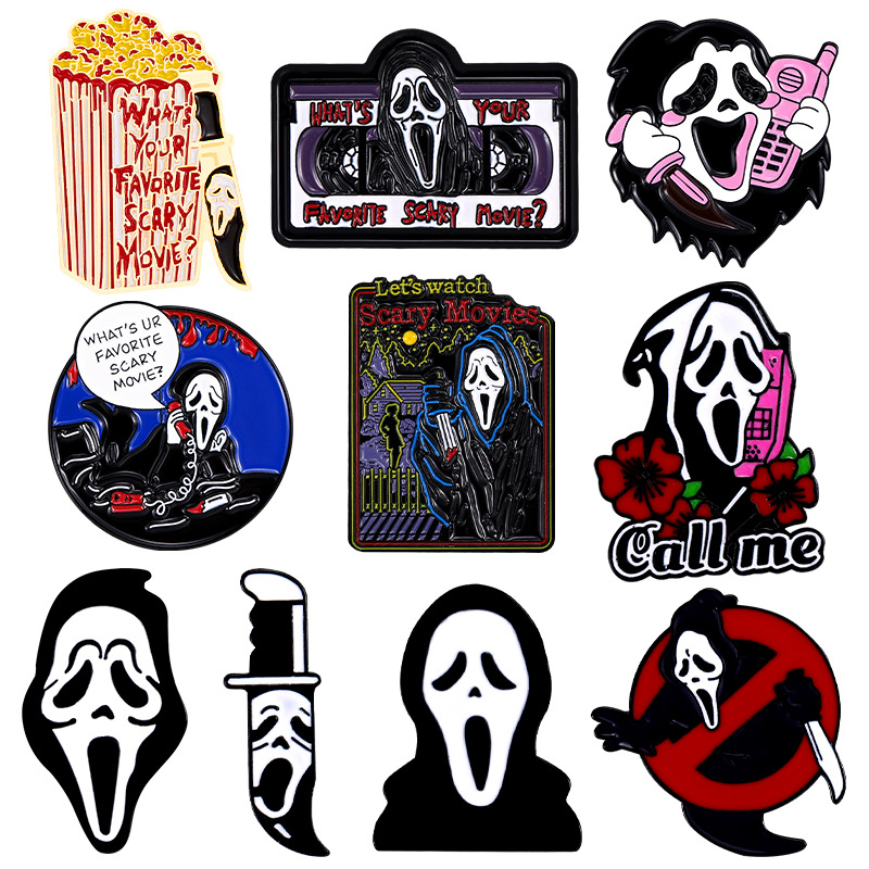 

Call Me Enamel Pins What's Your Favorite Scary Movie Custom Brooches Lapel Badges Gothic Punk Skeleton Jewelry Gift for Friends halloween horror accessory