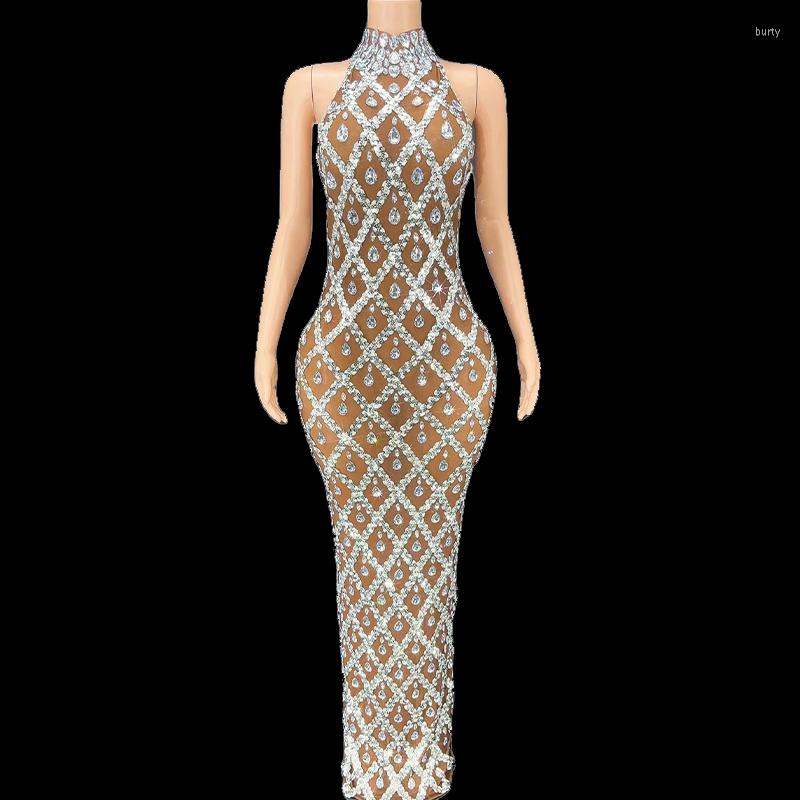 

Stage Wear Women Sexy Shining Rhinestone Sequins Dress Evening Prom Birthday Transparent Performance Singer Club Host, Dress 9