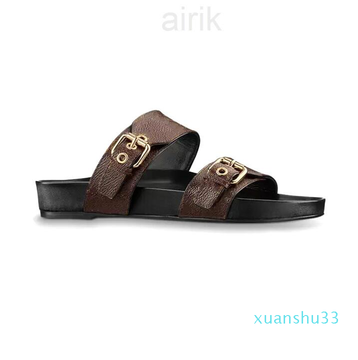 

Women Sandals Bom Dia Slipper Designer Slides Double Buckle Genuine Leather Beach Slides Rubber Soles Summer Flip Flops Shoes, Color 3