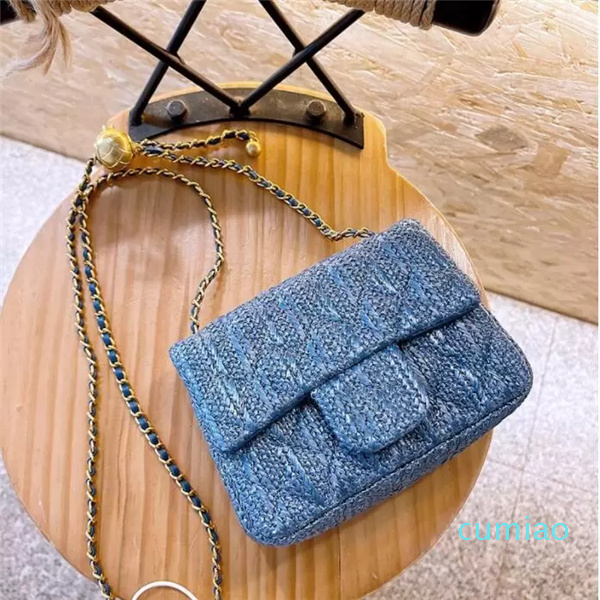 

2022 Summer Classic Mini Flap Raffia Square Bag Luxury Designer Women Crush Gold Ball Matelasse Chains Adjustable Shoulder Strap Crossbody Sacoche Handbags 17CM, Blue