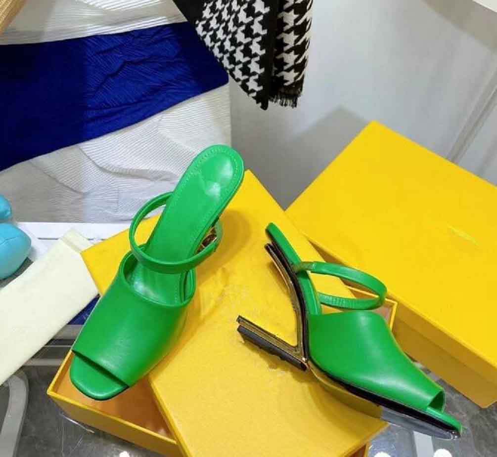 New Luxury High Heels Sandals Dress Shoes Women First Slippers Silver Nappa Leather Sandal Diagonal F-shaped Solid Heel Slides Summer Beach Slipp