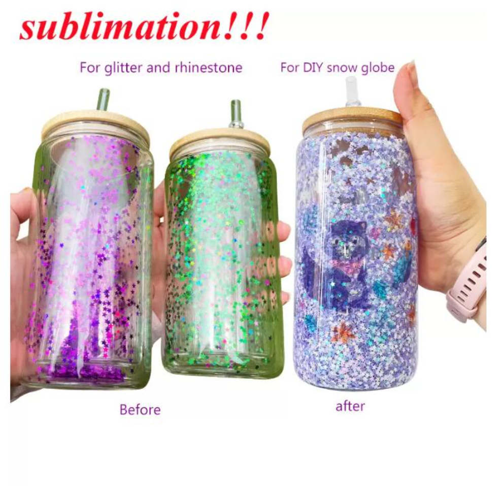 

1 set 16oz Double Wall Sublimation Glass Tumblers Mugs Can Snow Globe Beer Drinking Glasses With Bamboo Lid And Reusable Straw custom gift ss0105, Clear