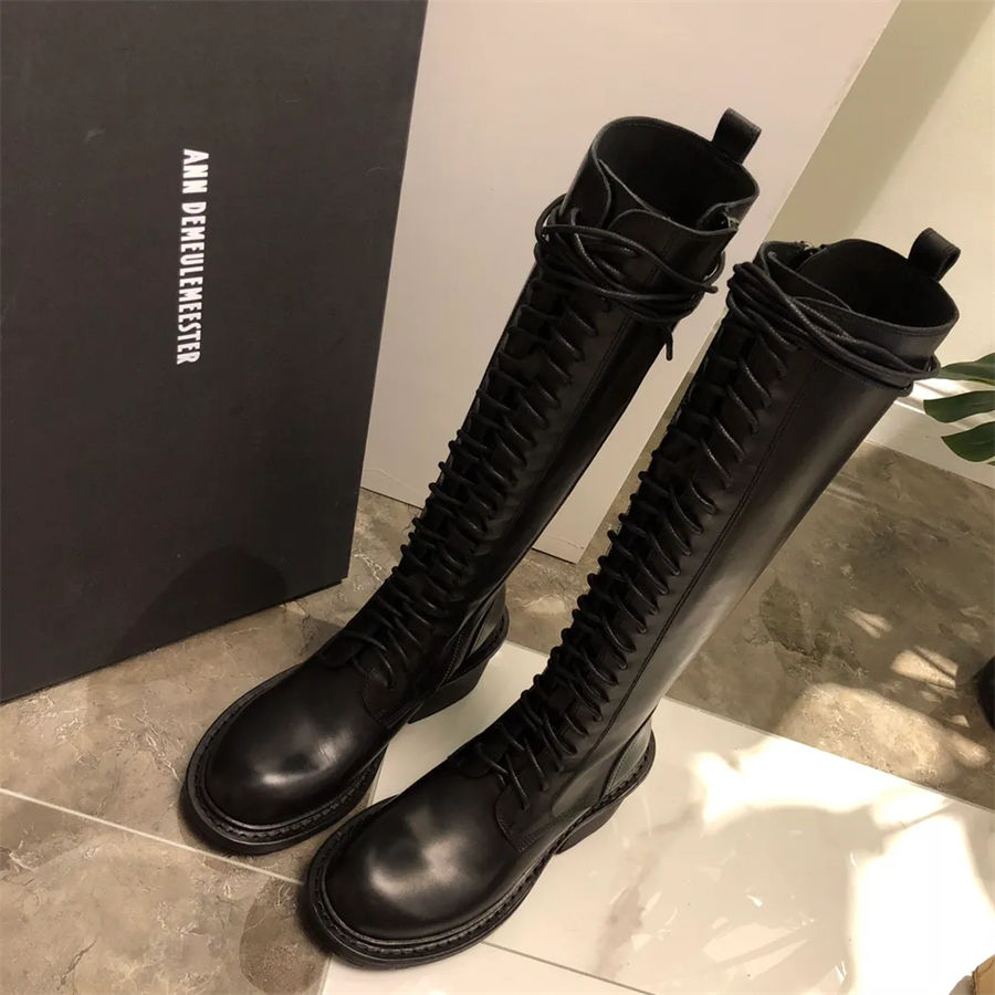

Woman Ann Boots Black Genuine Leather Demeulemeester Lace-up Knee Boots Knee-high Side Zip Fashion Show Catwalk Luxury Perfect Shoes