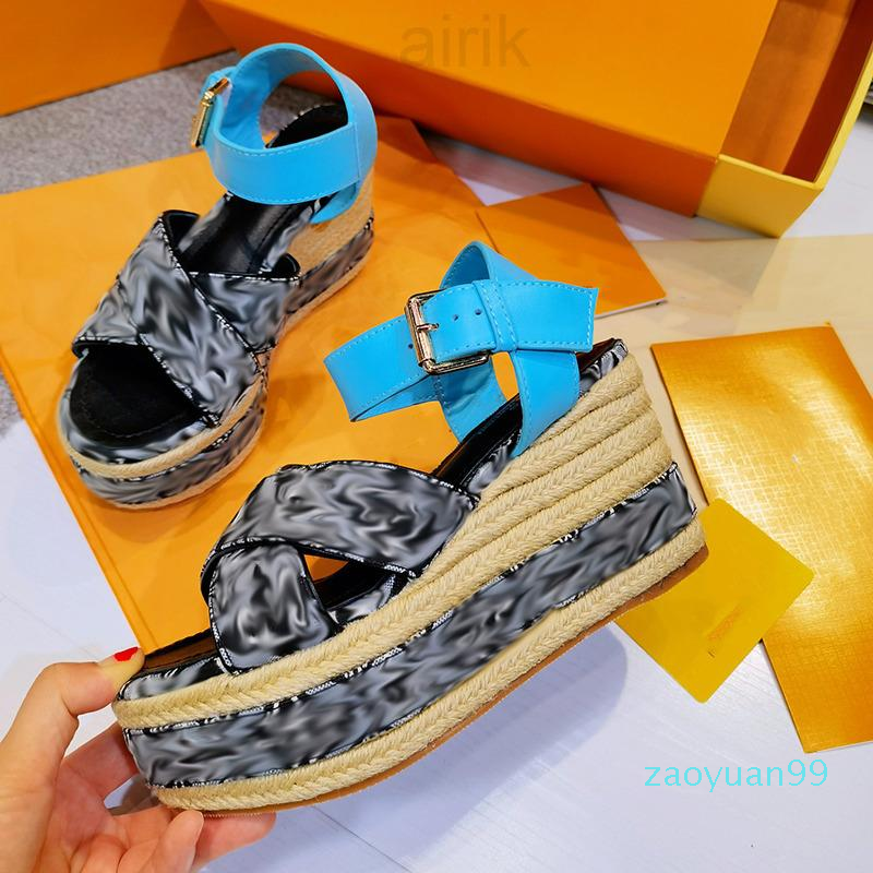 

2022 Since Sandals Starboard Wedge Sandals Espadrilles Designer Leather Printing High Heels With Adjustable Buckle Wedding Dress Lady Shoes