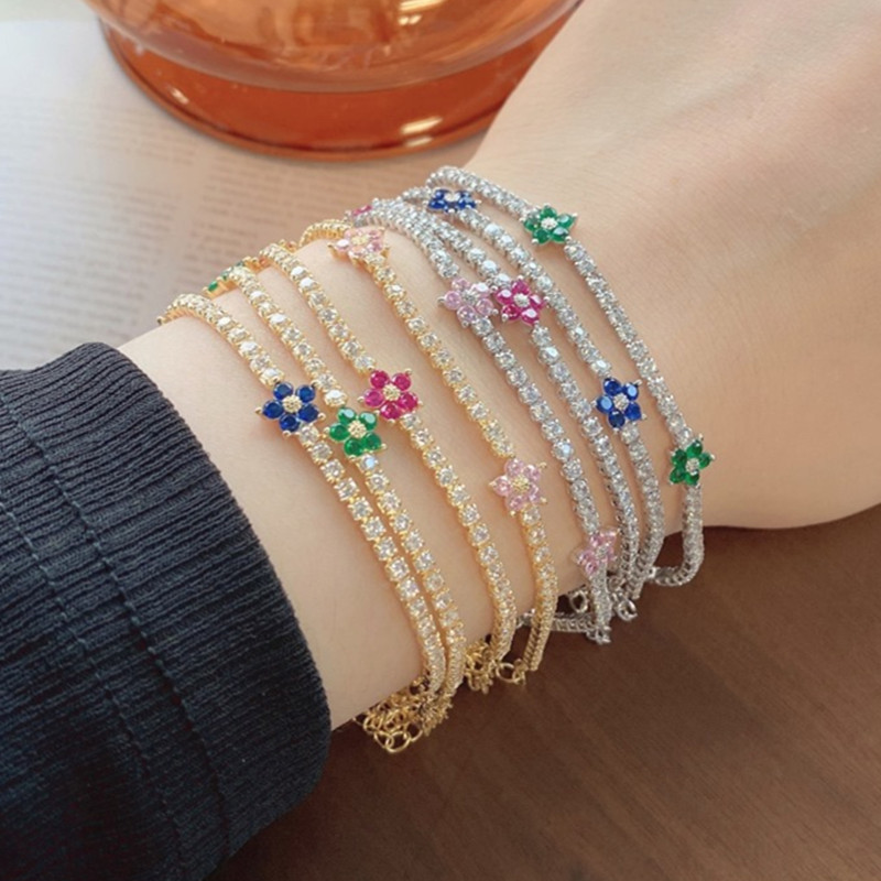 

2.2mm Tennis Bracelet Designer for Woman Flower 925 Sterling Silver Luxury Jewelry Pink Blue Green 5A Cubic Zirconia Chain Charm Womens Diamond Bracelet Gift Box