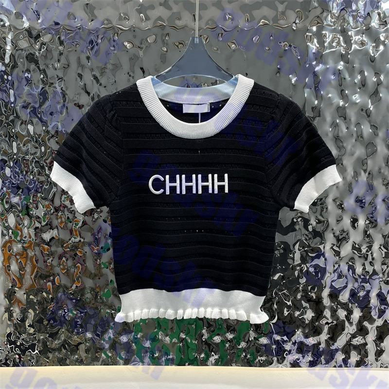 

Designer Knitted T Shirt Letter Logo Sweater For Women Sexy Hollow Tops Short Sleeve Sweatshirt, Pls contact me real pic