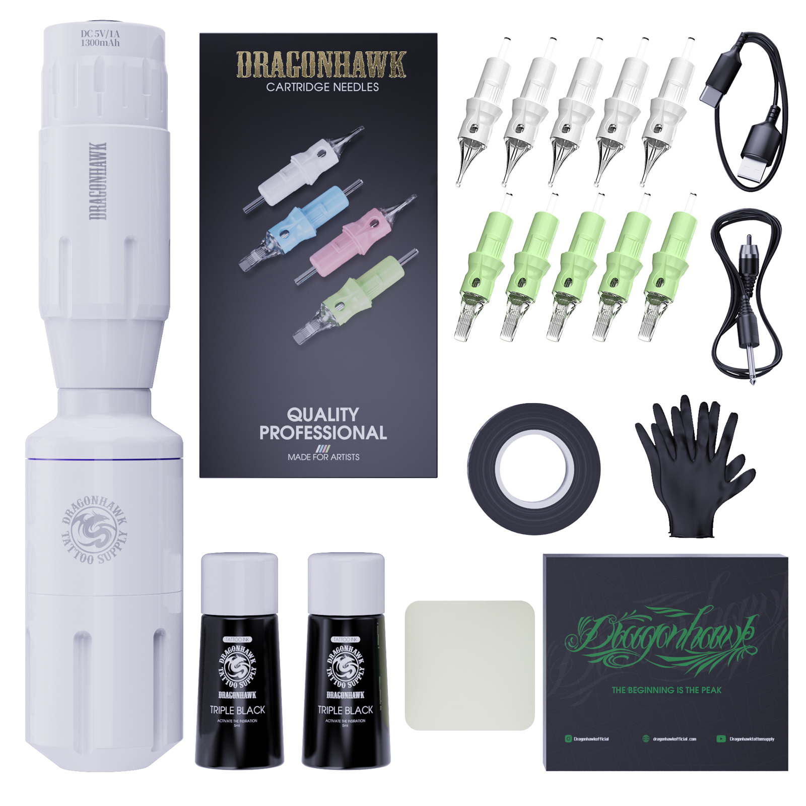 

Dragonhawk Wireless Tattoo Kit Rotary Pen Machine Battery Cartridges Needles Black Ink Set TZ-560LY