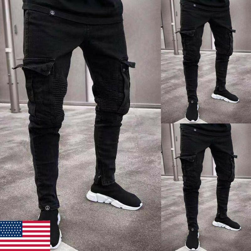 

Mens Jeans Fashion Black Jean Men Denim Skinny Biker Destroyed Frayed Slim Fit Pocket Cargo Pencil Pants Plus Size S-3XL essential pant