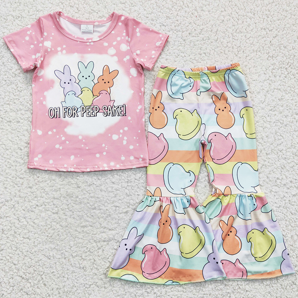 

New Design Toddler Girls Clothes Set Boutique Short Sleeve Bell Bottoms Kids Outfits Bunny Print Easter Baby Girl Clothing Wholesale Children Outfits, Navy blue