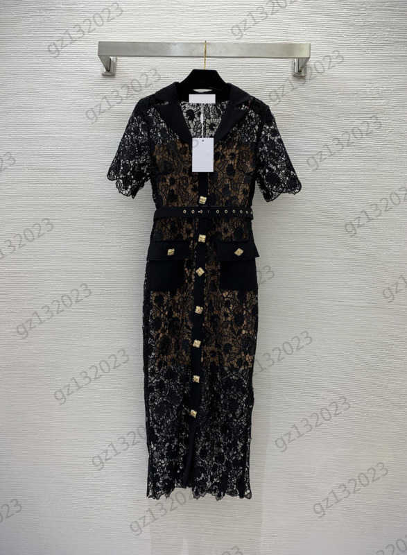 

Summer Dresses Women Lace Water-soluble Floral Fabric V-neck Short Sleeves Dress Custom Button Corset Waist Slim Long Skirt Fashion Designer Dresses For Women 1970
