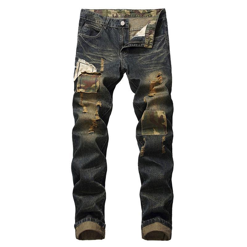 

Men's Jeans Male Straight Patch Denim Beggar Hombre Pants Mens Patchwork Spliced Ripped, 809
