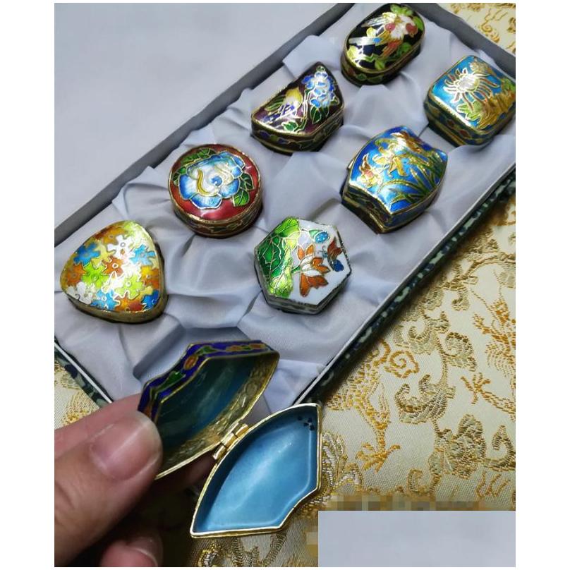 wholesale chinese old beijing cloisonne jewelry box box copper tire enamel 1 set 8pcs