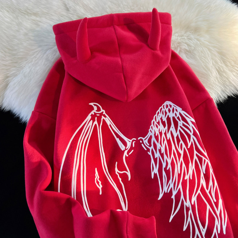 

Men's Hoodies Sweatshirts American Hip Hop Ox Horn Wing Red Hooded Harajuku Oversize Pullovers Men Fashion Autumn Sudaderas Hombre 230104