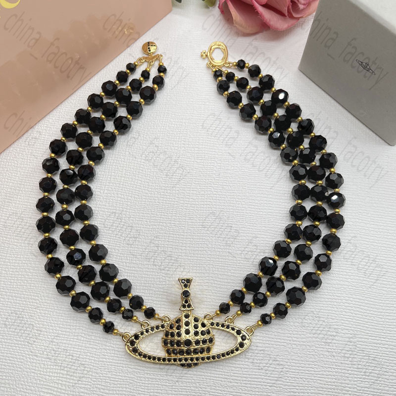 

Designer Vivian Necklace Empress Dowager Multilayer Black Crystal Full Diamond Saturn Necklaces Shiny Bride Wedding Party Gift