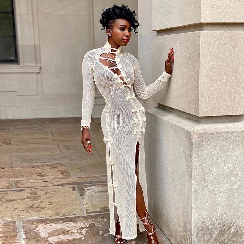 

Casual Dresses Fashion Long Women Clothes Spring Autumn Full Sleeve Stand Collar White Dress Mesh See Through Sheath Rope Mujer