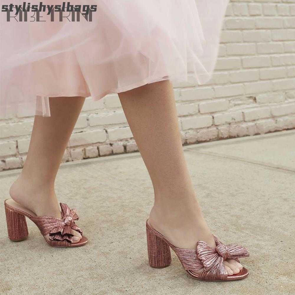 

Sandals Sandals Ladies Gold Pleated Bow Knot Slip On Mules Slip On Wedding Heeled Sandals For Women Block High Heels Design Dress slippers women 010623H, Green5cm heel