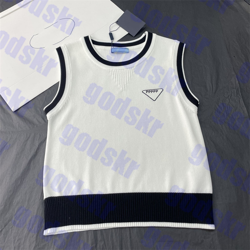 

Jacquard Knit Tank Letter Embroidery Tops Triangle Logo Vests Classic White Sleeveless Sweater, Pls contact me real pic