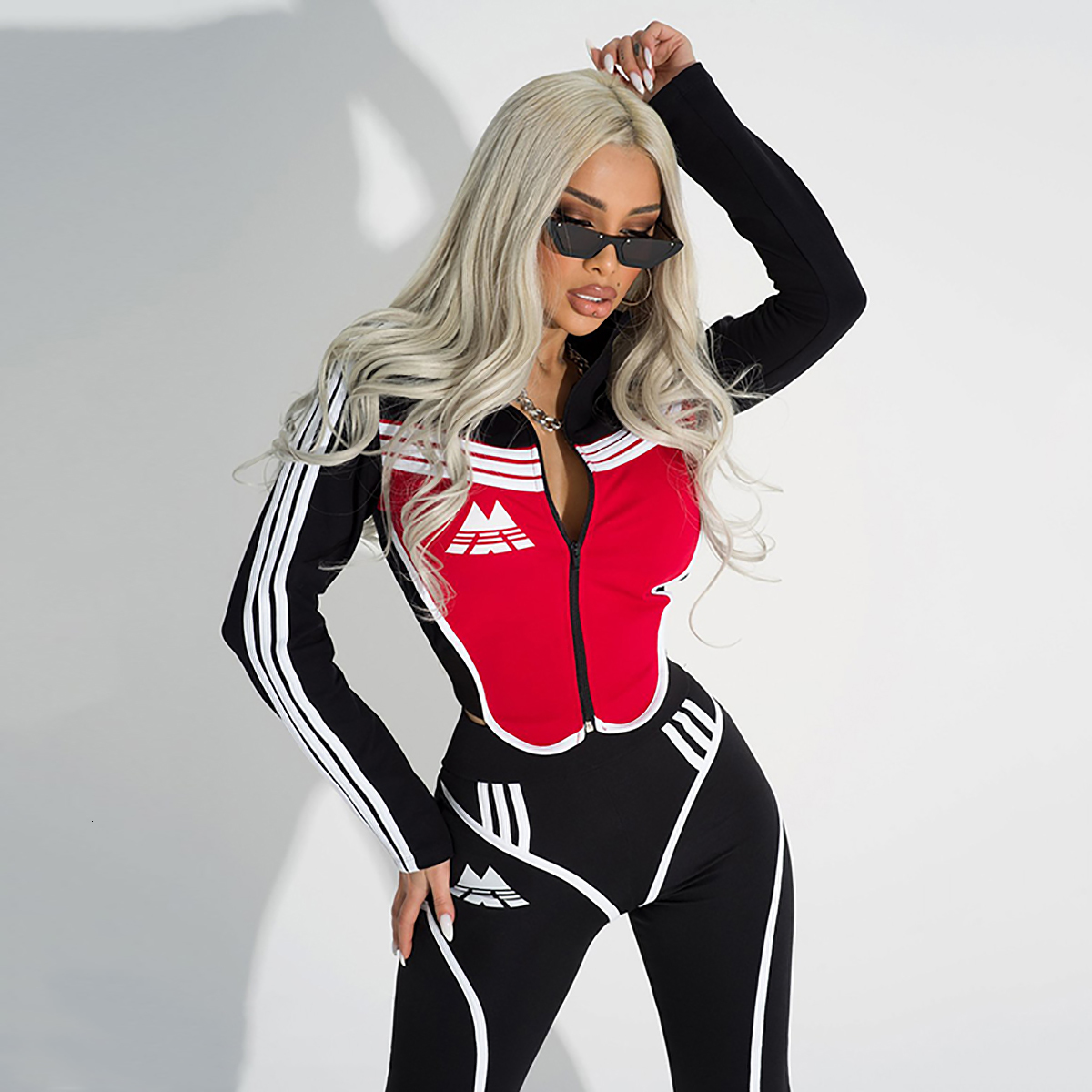 

Women s Two Piece Pants Oshoplive Female Fashion Sportswear Black and Red High Waist Slim Zipper Striped Color Block Sports Gym Yoga Suits for Women 230104