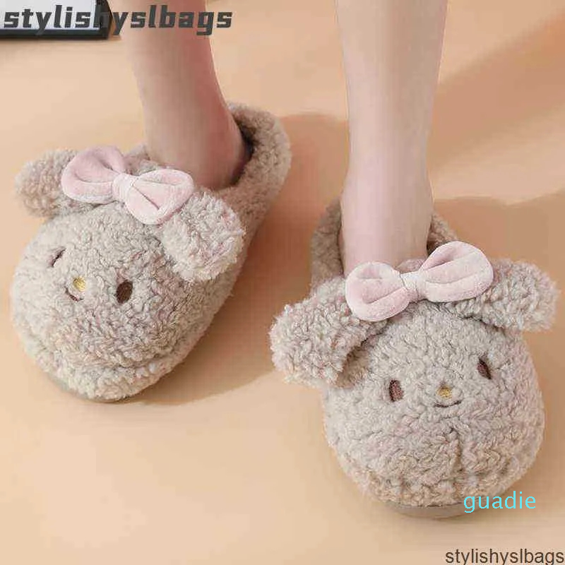 

Slippers BEVERGREEN Cute Plush Rabbit Shape Design Women Home Slippers Winter Warm Plush Shoes Fashion Bow-knot Couple Fluffy Slides 010523H, Pink
