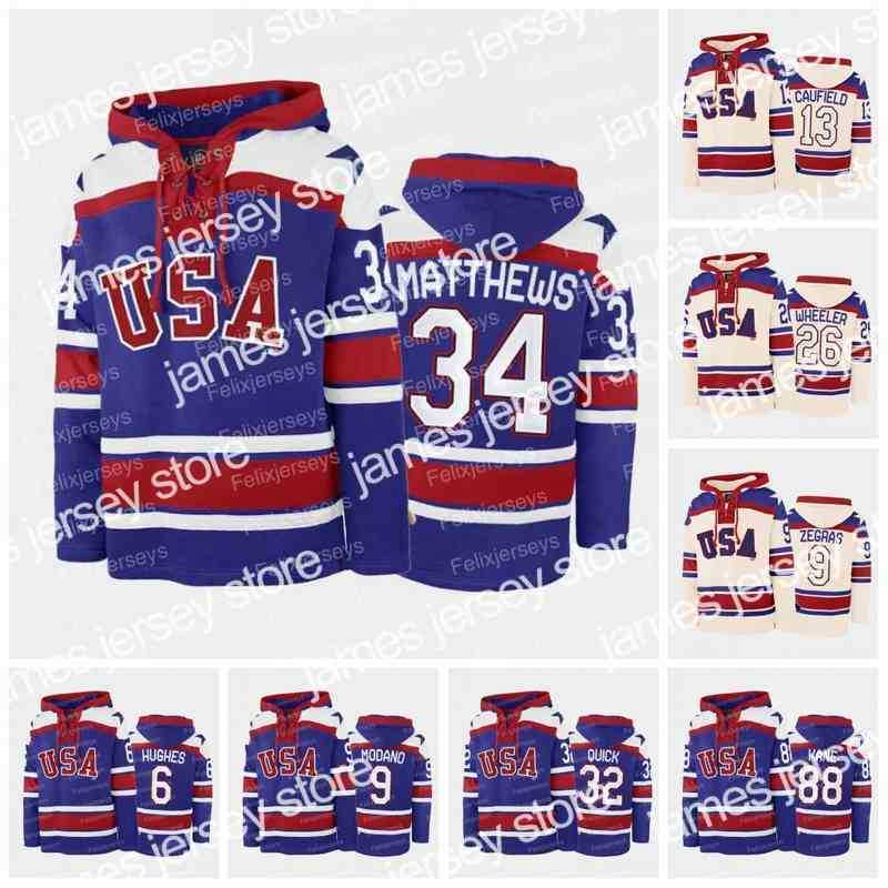 

College Hockey Wears Thr Miracle On Team Usa Hoodie Auston Matthews Ice Hockey Jerseys Mike Modano Patrick Kane Trevor Zegras Jack Hughes Jonathan Quick Cole, Blue