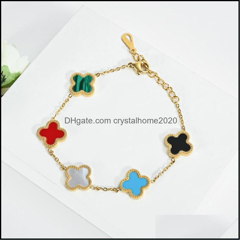 

Charm Bracelets Fashion Design Rainbow Flower Clover Bracelet Gold Plated Titanium Steel Jewelry For Women Gift Drop Delivery Otbdu