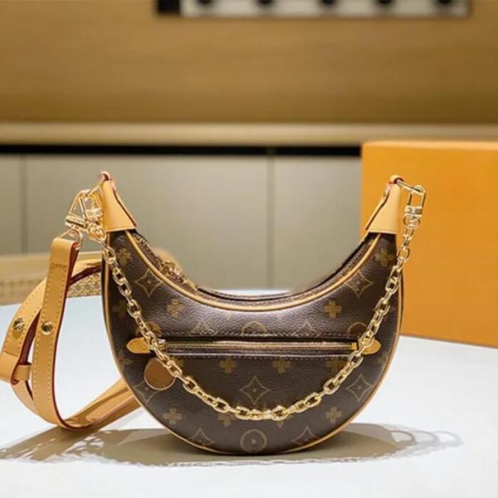 

L LOOP Half-moon Hobo Baguette Shoulder bag Croissant tote handbag CrossBody Bag Metal Chain designer women Monograms leather Purse Wallet Axillary Package, Brown flower with yellow strap