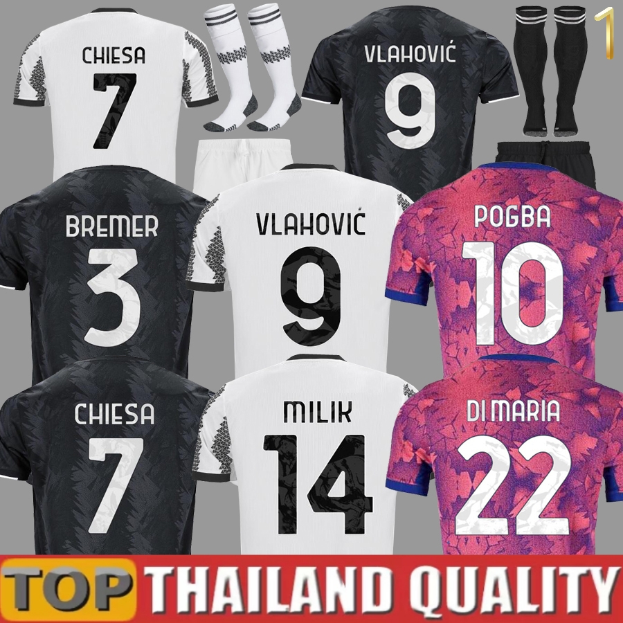 

22 23 VLAHOVIC CHIESA MILIK soccer jerseys 2022 2023 POGBA men kids kit set BONUCCI football shirts kit MCKENNIE DI MARIAKAIO JORGE ARTHUR uniform socks S-3XL 14 9 7 22 10, 22 23 away kids
