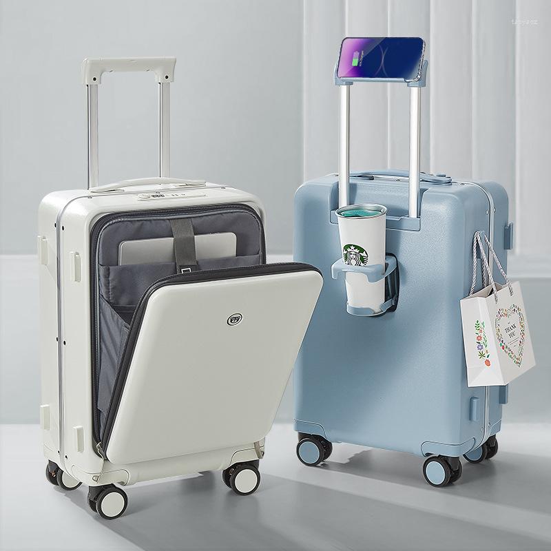 

Suitcases Carry On Luggage With Wheels Front Opening Rolling Password Travel Suitcase Bag Fashion USB Interface Trolley