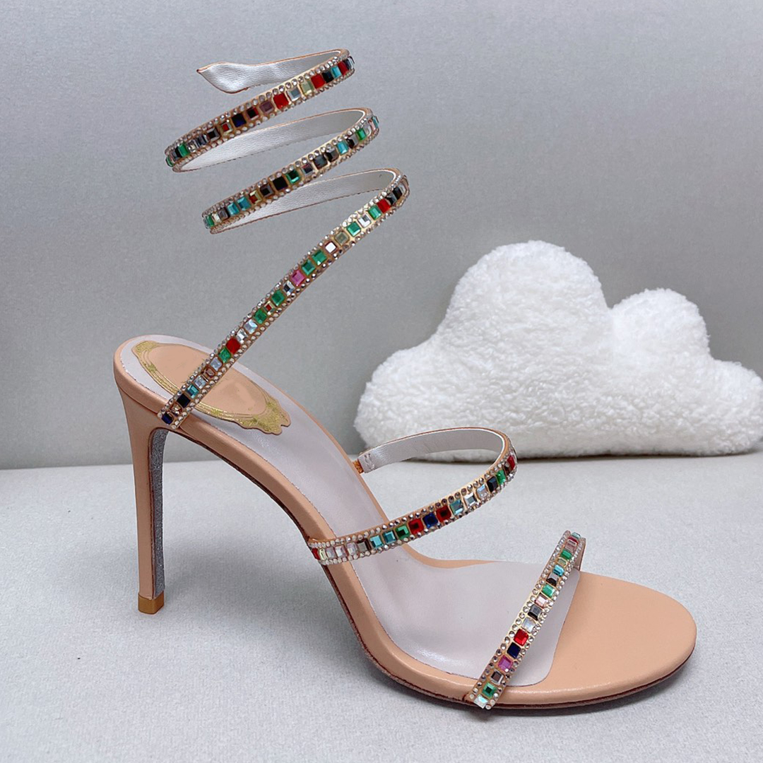 

Multicolored diamond sandals for womens luxury designer crystal rhinestone stiletto heel ankle strap dress shoes 10cm high heeled sandal 35-43, 18#