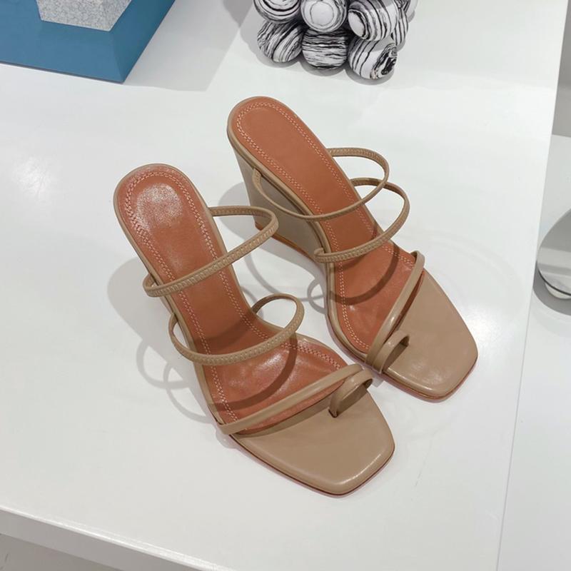 

newest womens sandals Amina muaddi Top quality Genuine Leather Narrow heeled slippers Office Career Wedge heel women shoes, Blue